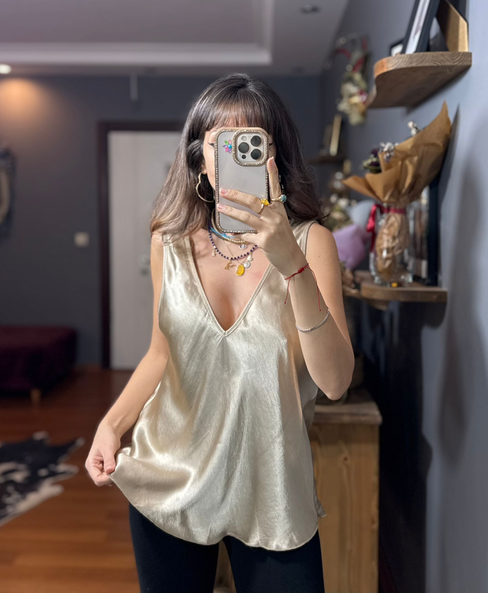 İthal İpek Saten Kalın Askılı Bluz gold - Görsel 4