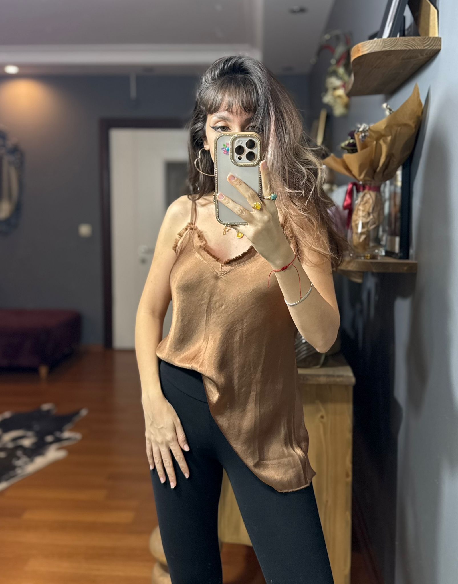 İthal İpek Saten İnce Askılı Dantelli Bluz -bakır - Görsel 4