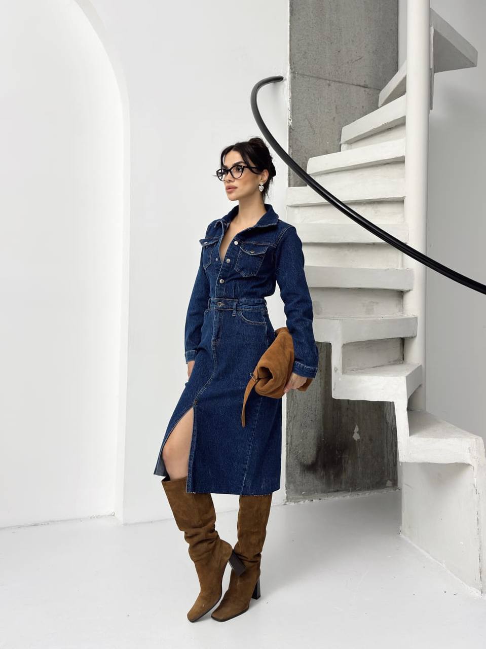 Önden Yırtmaçlı Denim Elbise - Görsel 2