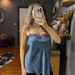 Dantelli İthal İpek Saten Kalın Askılı Bluz-mavi