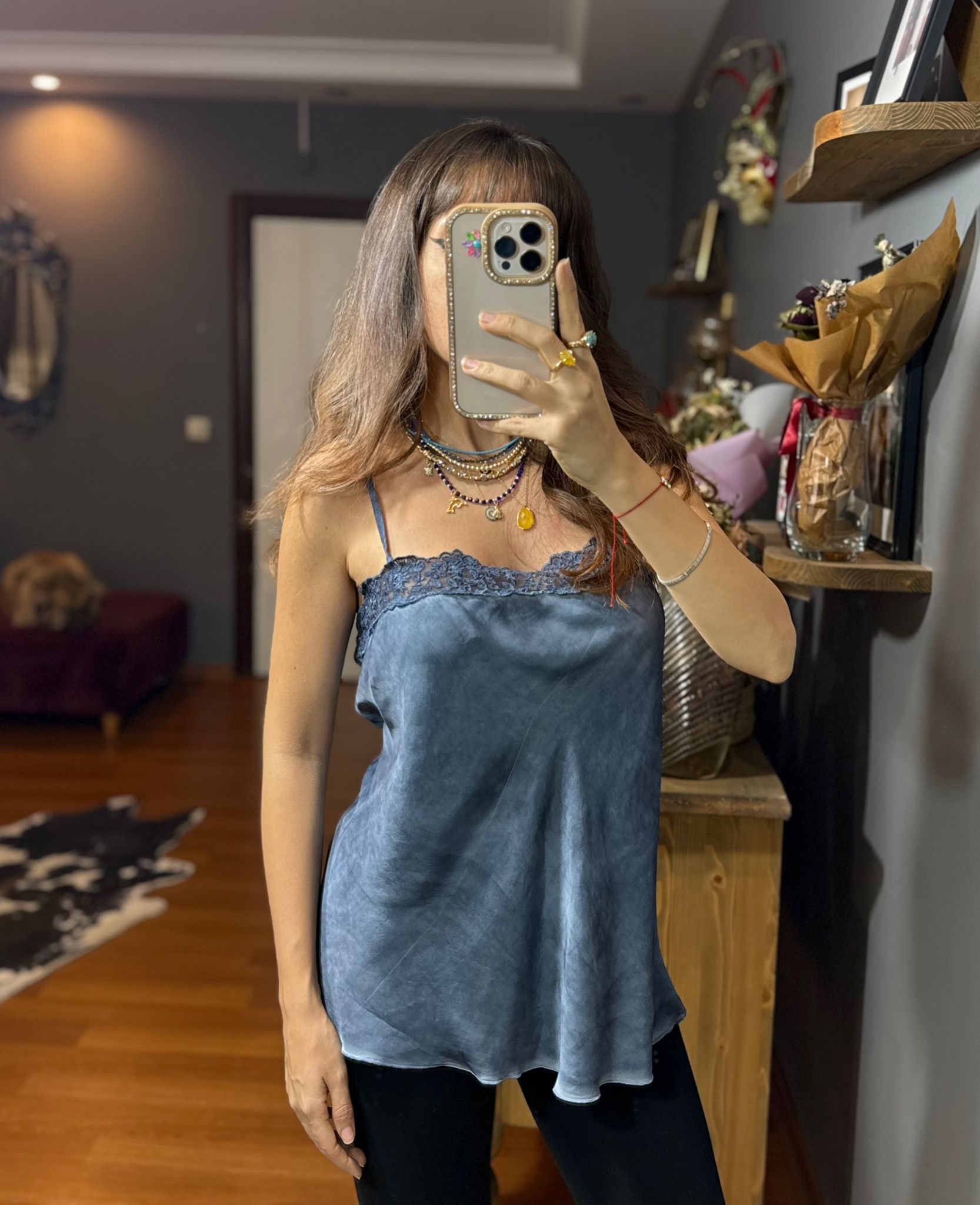 Dantelli İthal İpek Saten Kalın Askılı Bluz-mavi