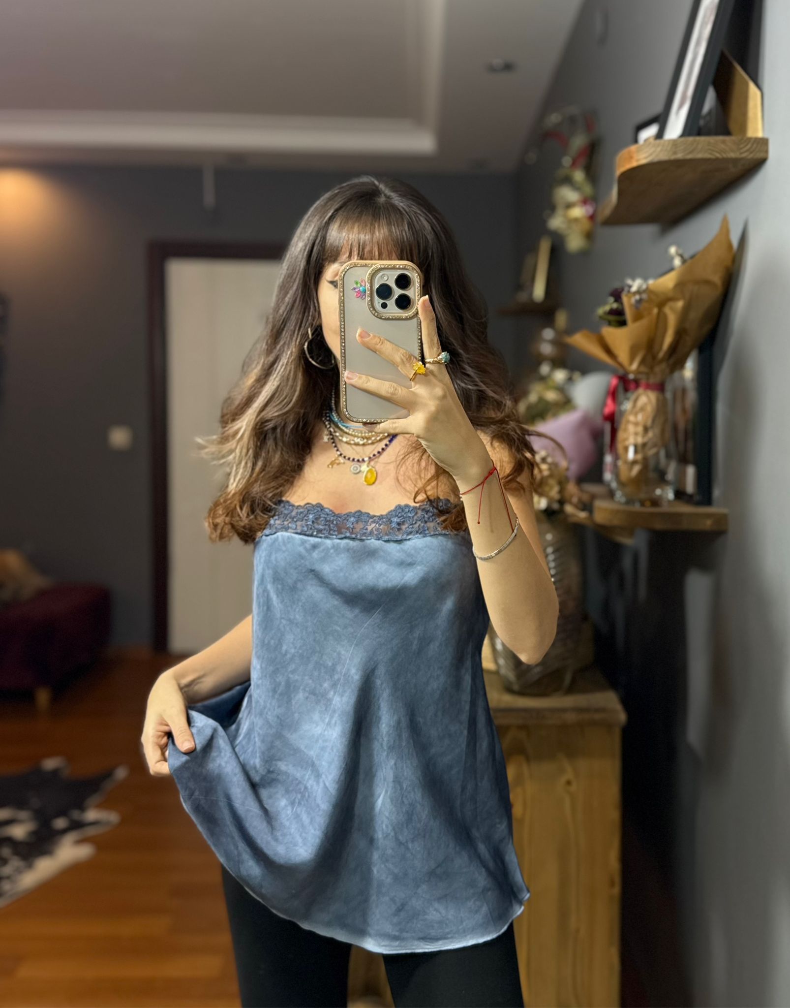 Dantelli İthal İpek Saten Kalın Askılı Bluz-mavi - Görsel 4