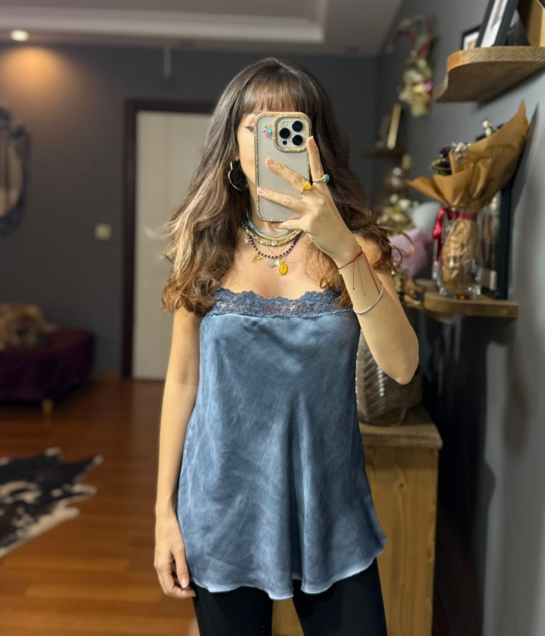 Dantelli İthal İpek Saten Kalın Askılı Bluz-mavi - Görsel 2