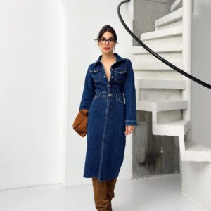 Önden Yırtmaçlı Denim Elbise