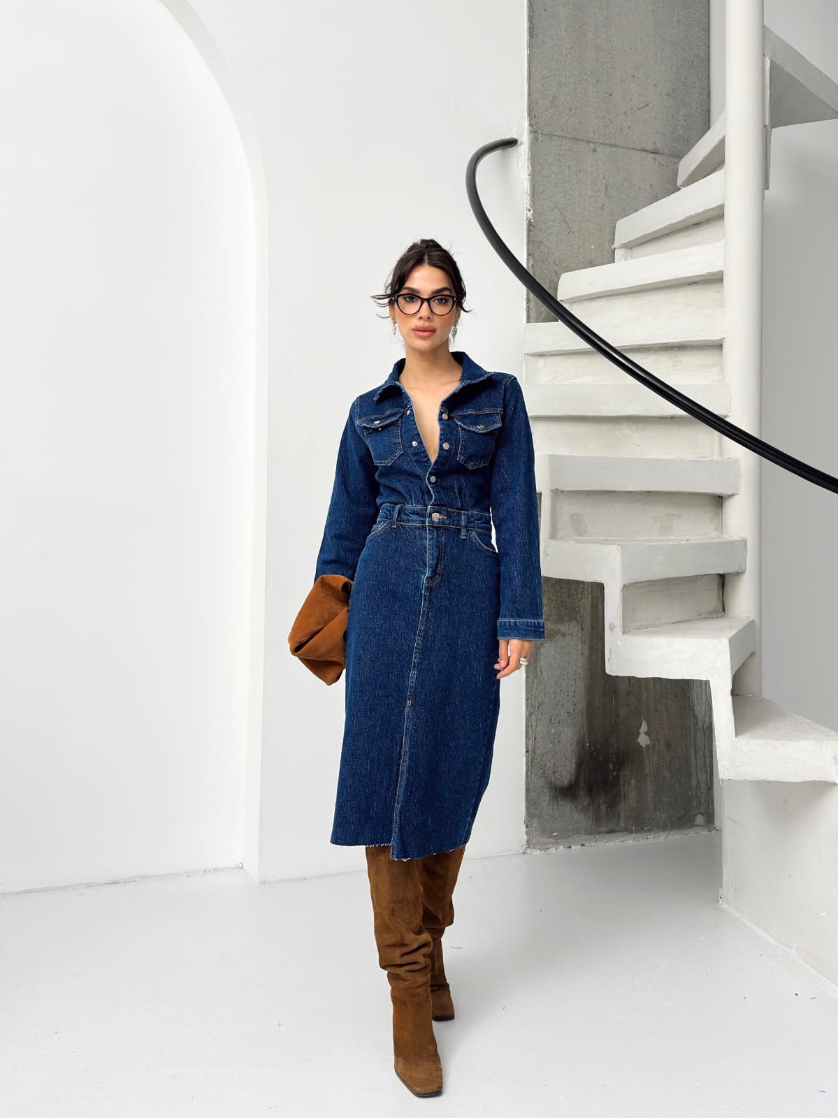 Önden Yırtmaçlı Denim Elbise