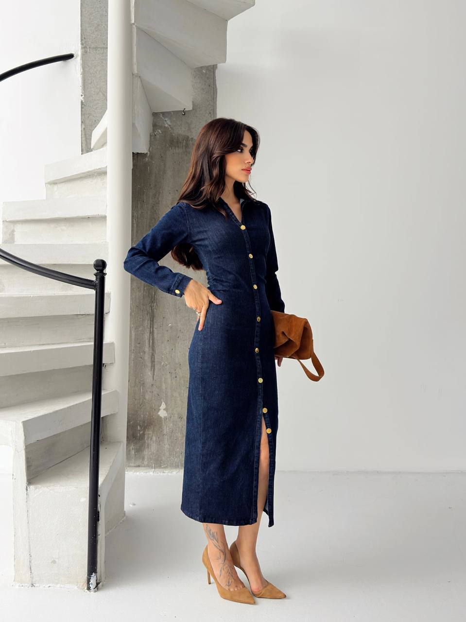 Şık Düğmeli Denim Elbise - Görsel 6