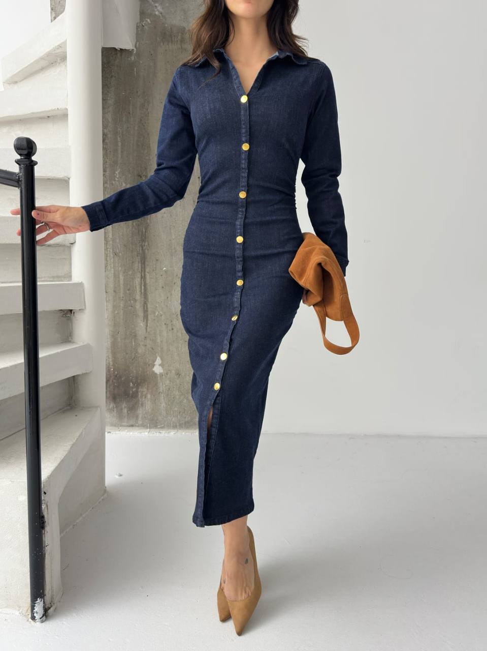 Şık Düğmeli Denim Elbise - Görsel 5