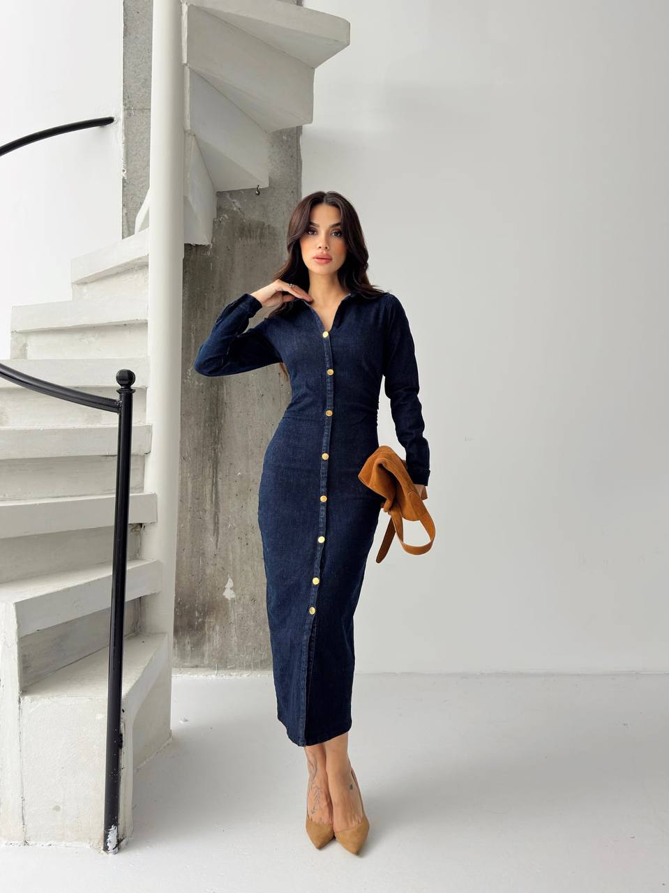 Şık Düğmeli Denim Elbise - Görsel 4