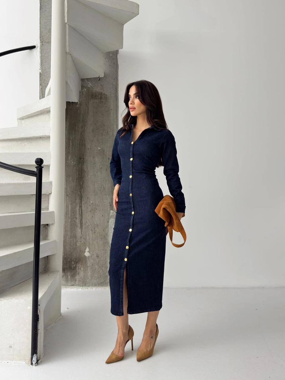 Şık Düğmeli Denim Elbise - Görsel 3