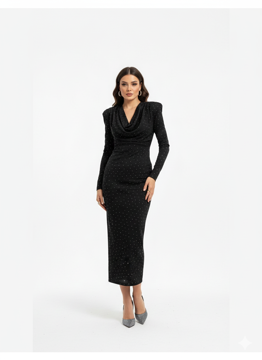 Taşlı Degaje Yaka Elbise – Şık ve Zarif Fit Kesim-siyah
