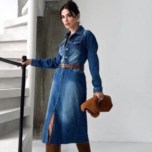 Önden Yırtmaçlı Denim Elbise -Taşlama Detaylı