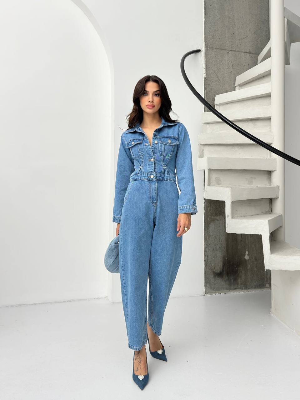 Şık Denim Tulum - Mavi - Görsel 4