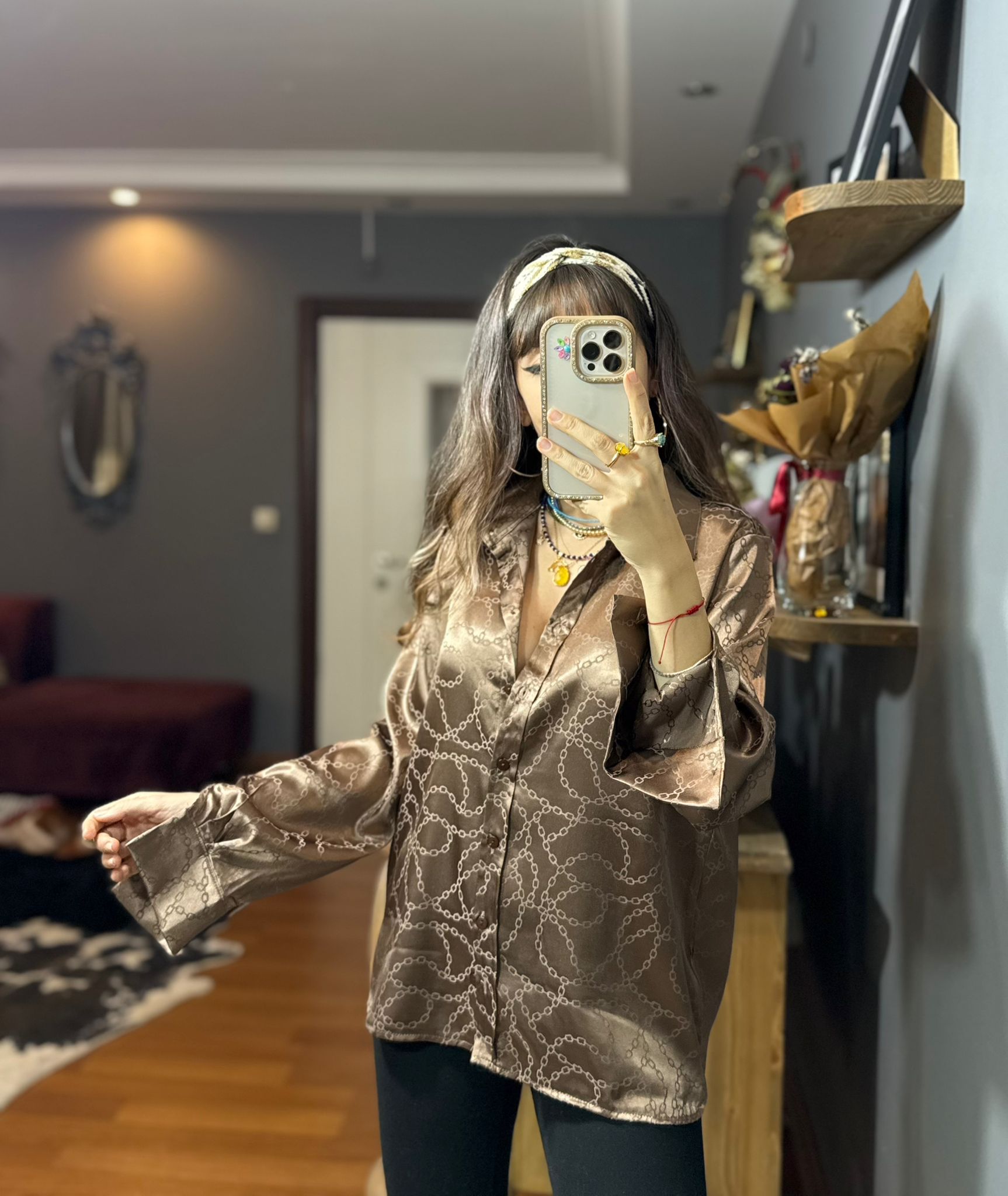 Kendinden Desenli Tek Saten Gömlek - Görsel 6