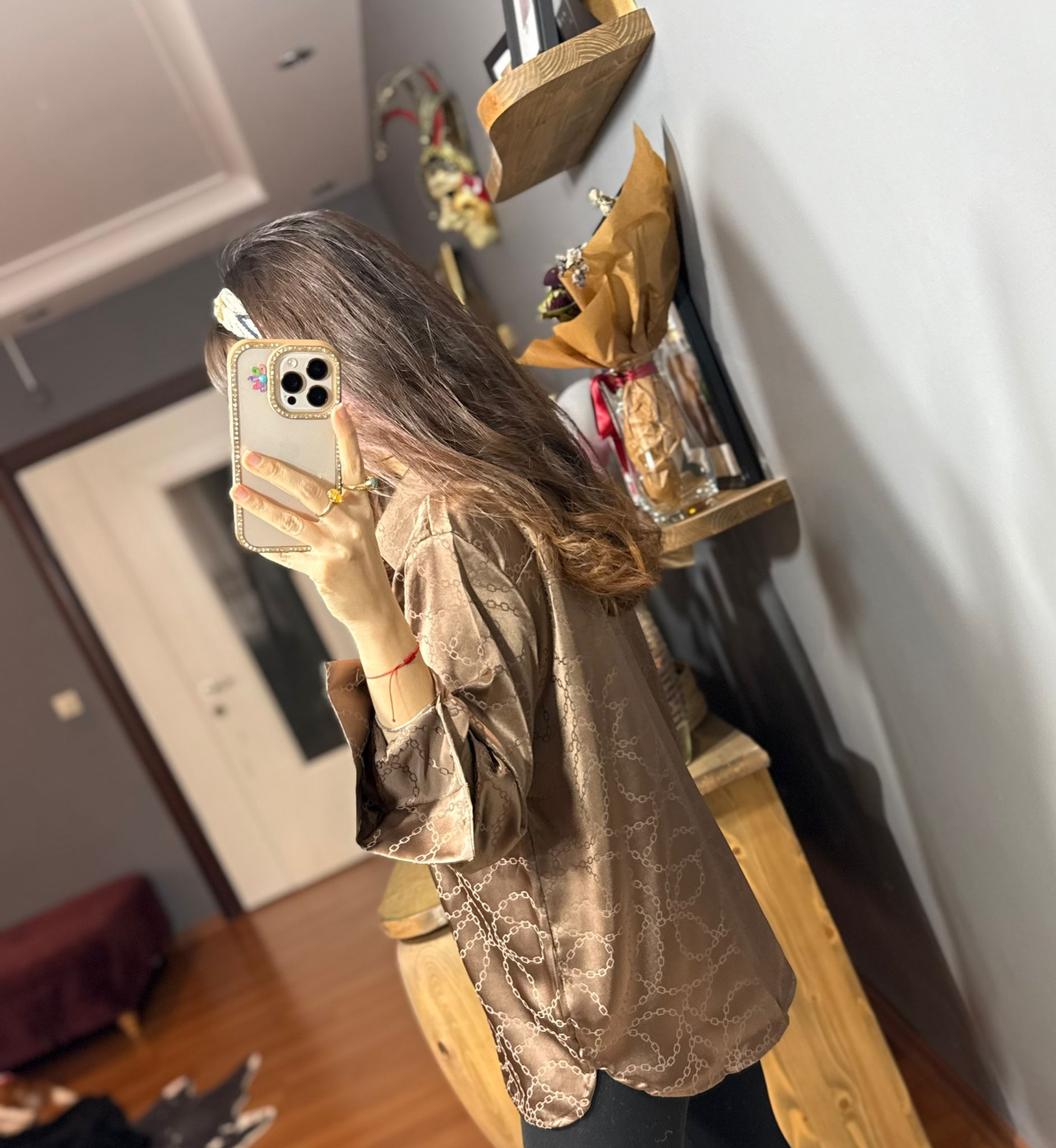 Kendinden Desenli Tek Saten Gömlek - Görsel 5