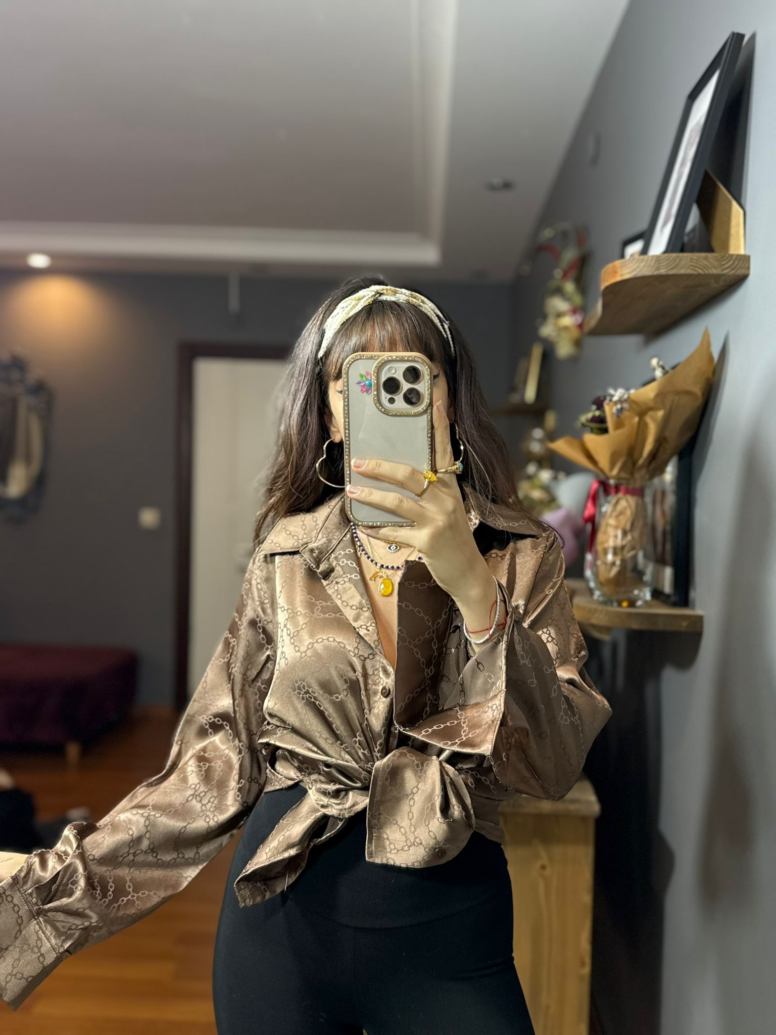 Kendinden Desenli Tek Saten Gömlek - Görsel 4