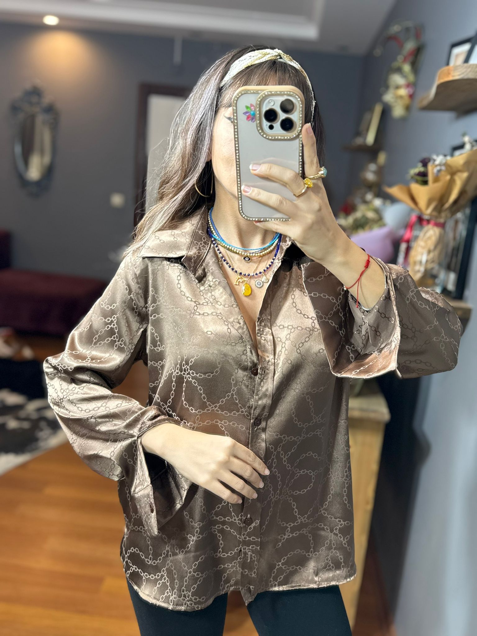 Kendinden Desenli Tek Saten Gömlek - Görsel 3