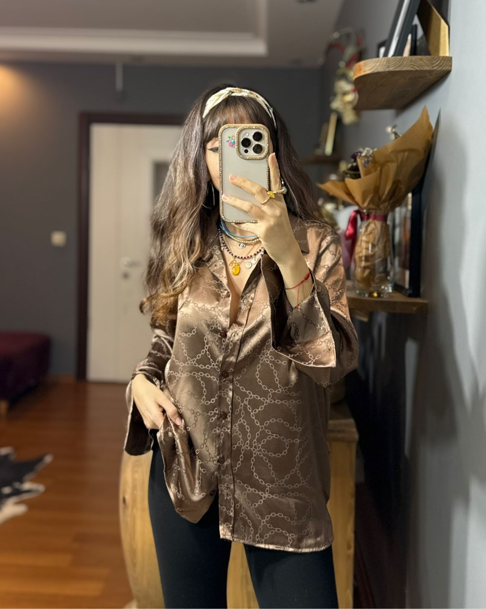 Kendinden Desenli Tek Saten Gömlek