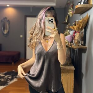 İthal İpek Saten Kalın Askılı Bluz -kahve