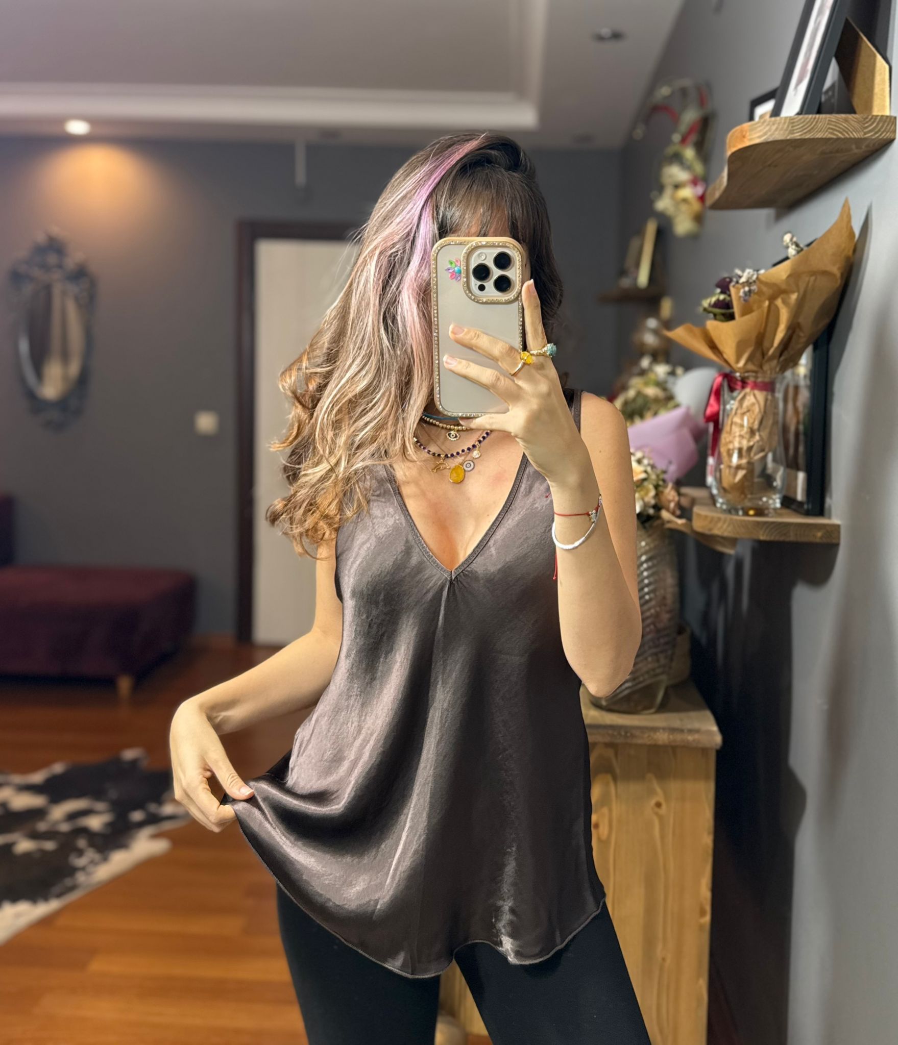 İthal İpek Saten Kalın Askılı Bluz -kahve