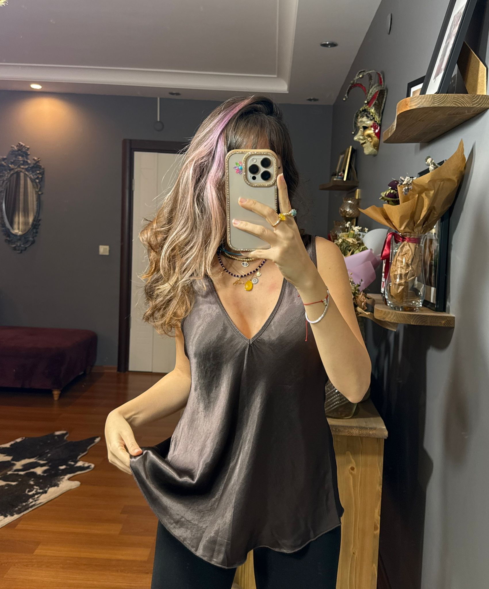 İthal İpek Saten Kalın Askılı Bluz -kahve - Görsel 3