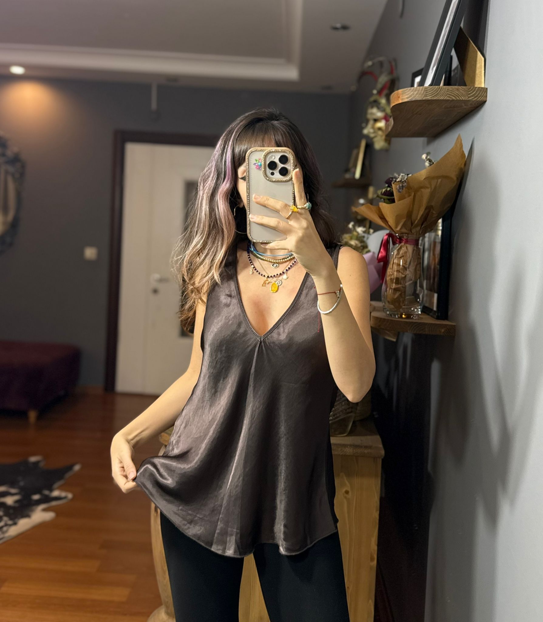 İthal İpek Saten Kalın Askılı Bluz -kahve - Görsel 4