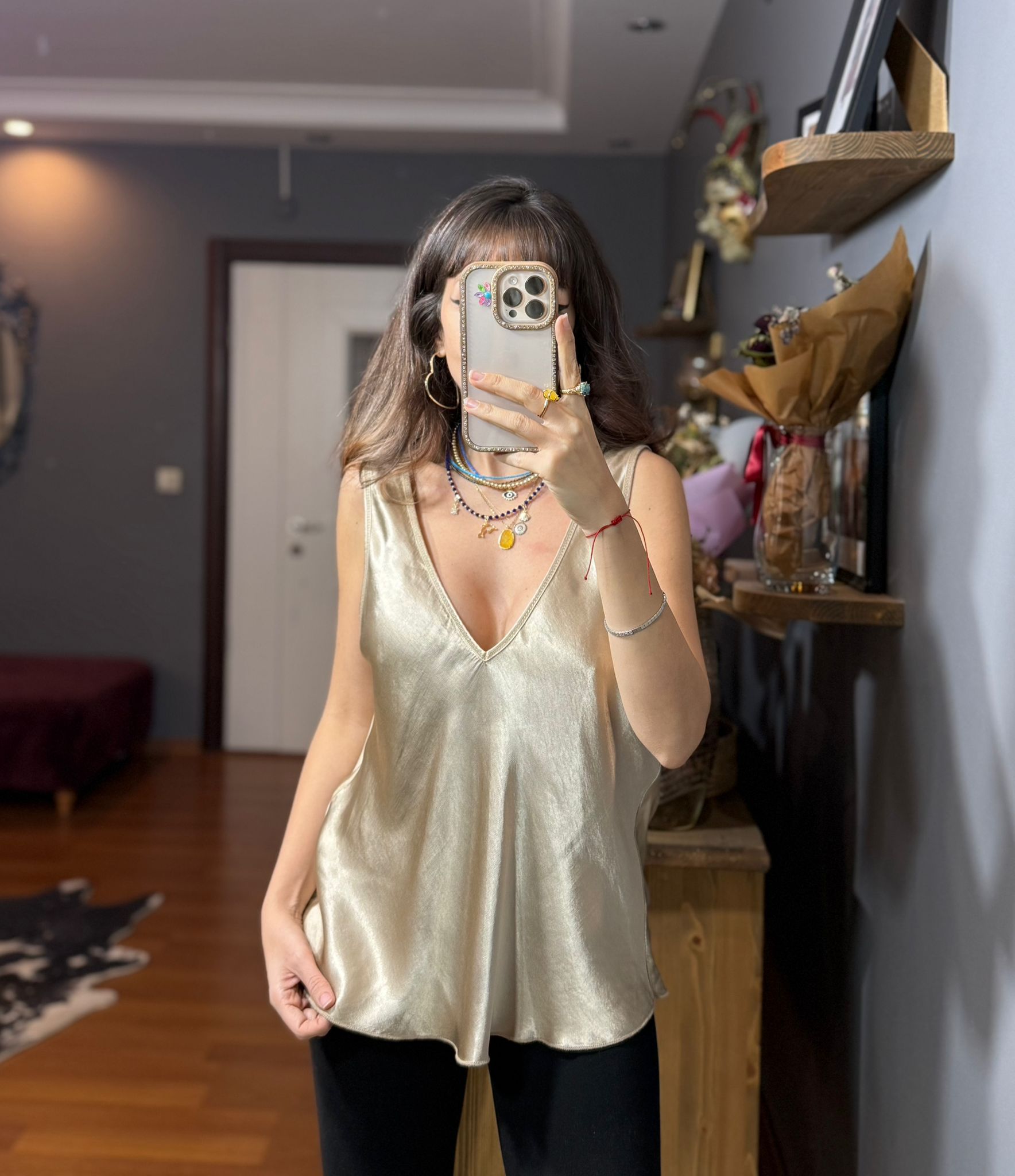 İthal İpek Saten Kalın Askılı Bluz gold - Görsel 6