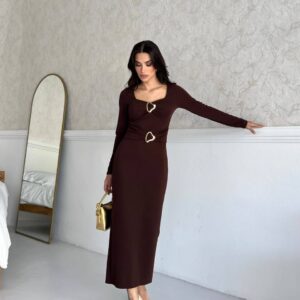 Toka Detaylı Maxi Elbise kahve