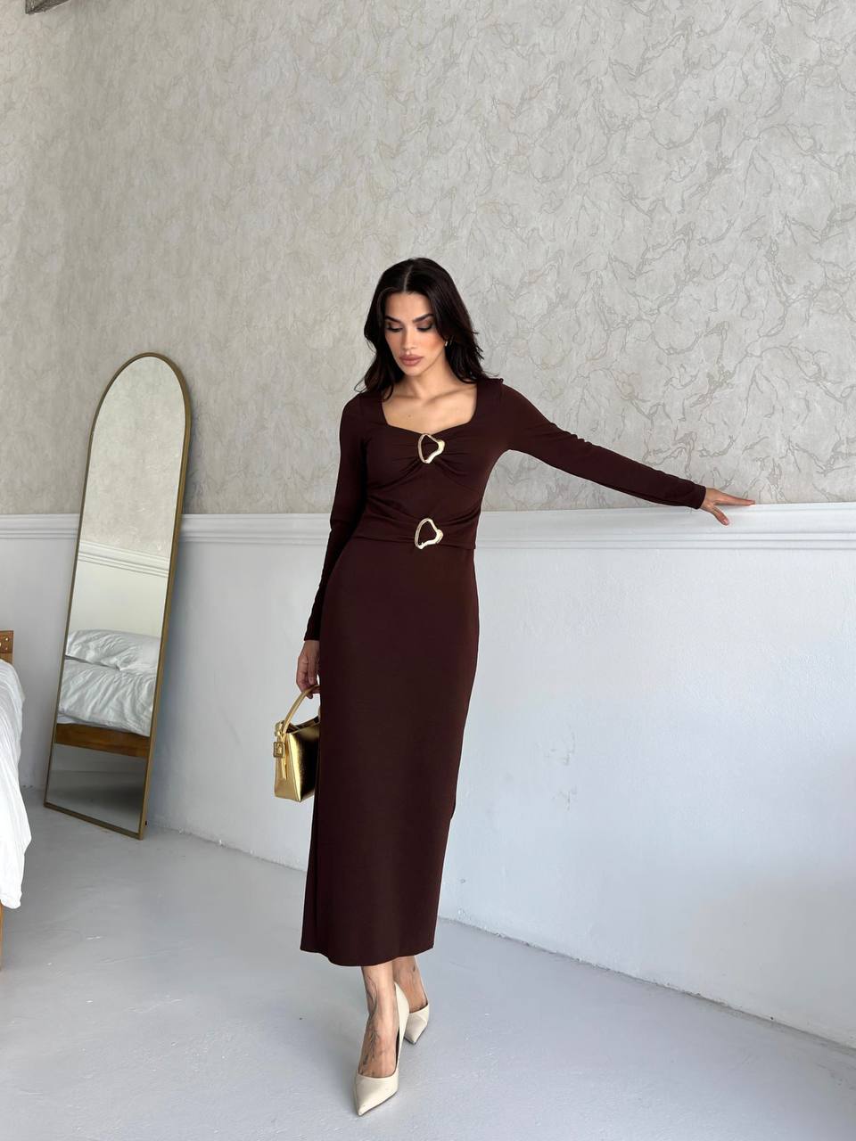 Toka Detaylı Maxi Elbise kahve