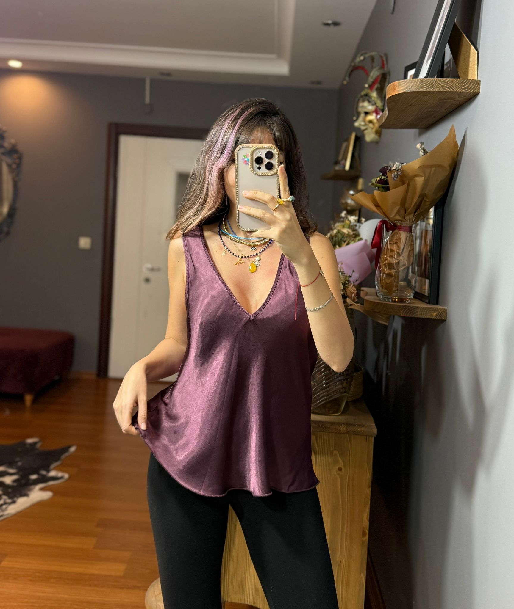 İthal İpek Saten Kalın Askılı Bluz bordo - Görsel 6