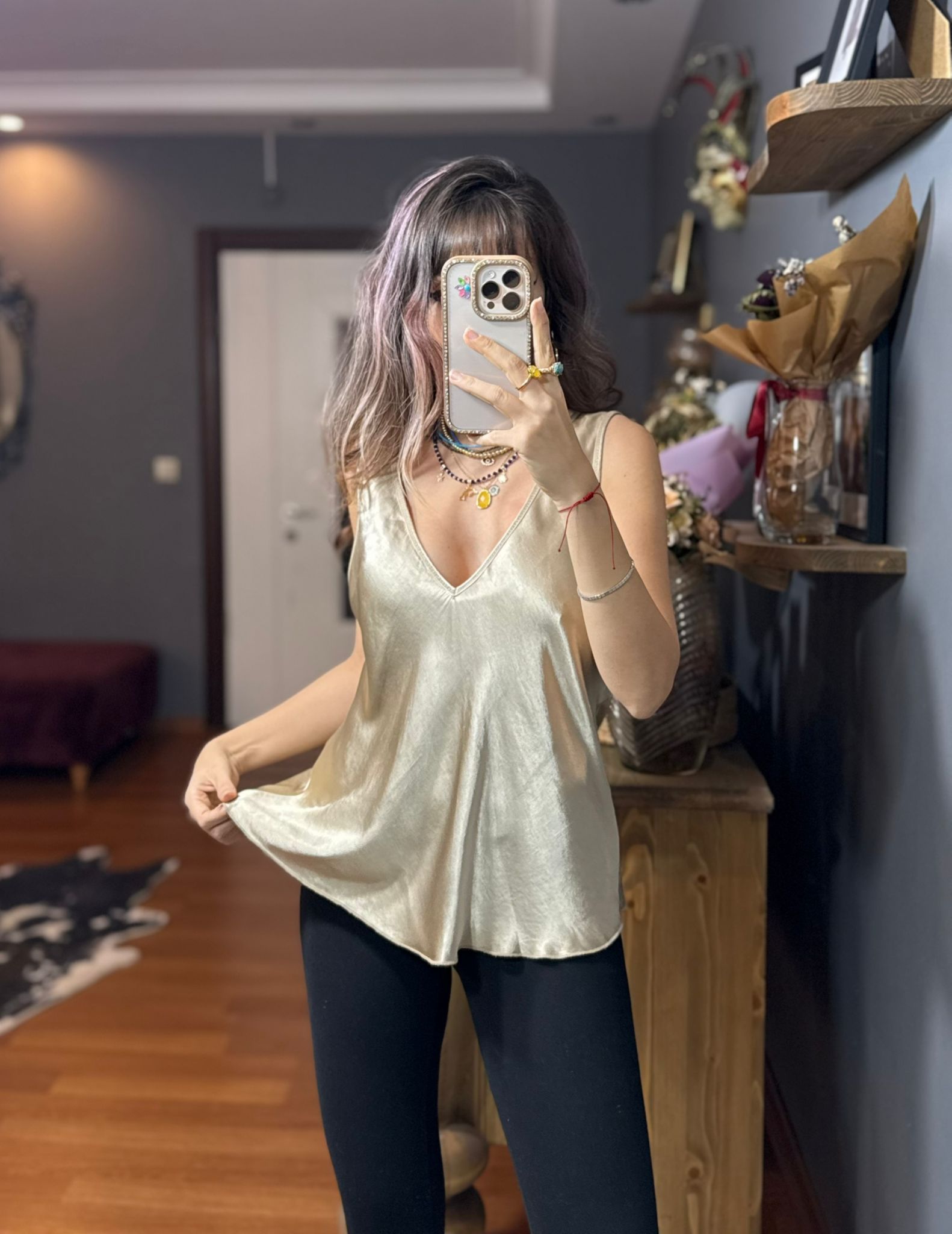 İthal İpek Saten Kalın Askılı Bluz gold - Görsel 8