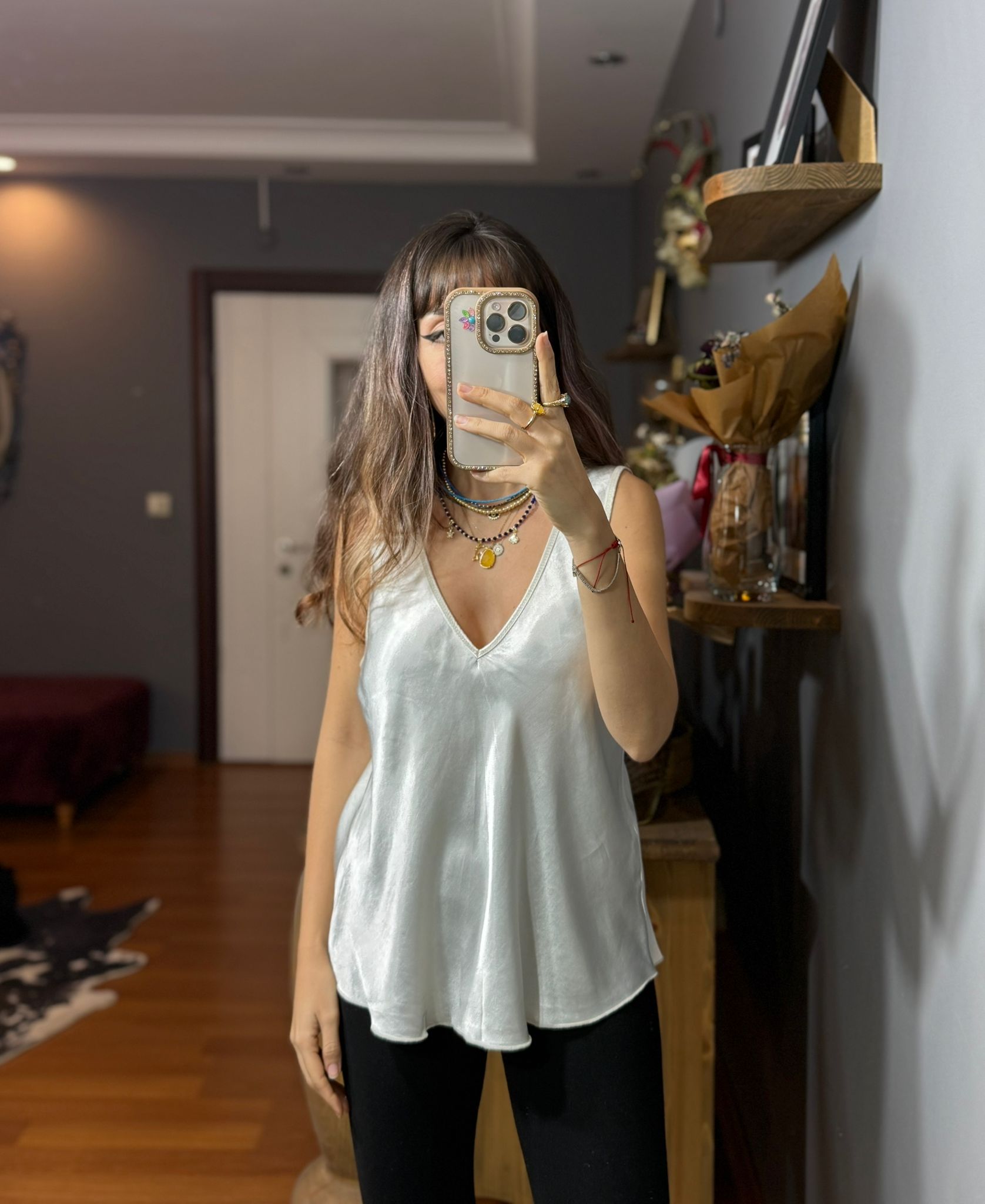 İthal İpek Saten Kalın Askılı Bluz gümüş - Görsel 7