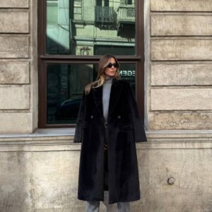 Kadife Uzun Kaşe Kaban siyah