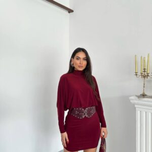 Kemerli Balon Kol Mini Elbise - Bordo