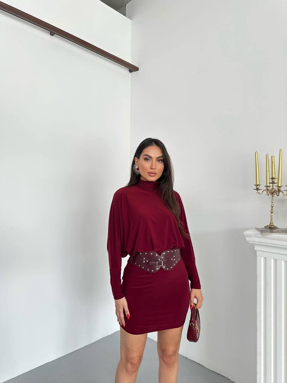 Kemerli Balon Kol Mini Elbise - Bordo