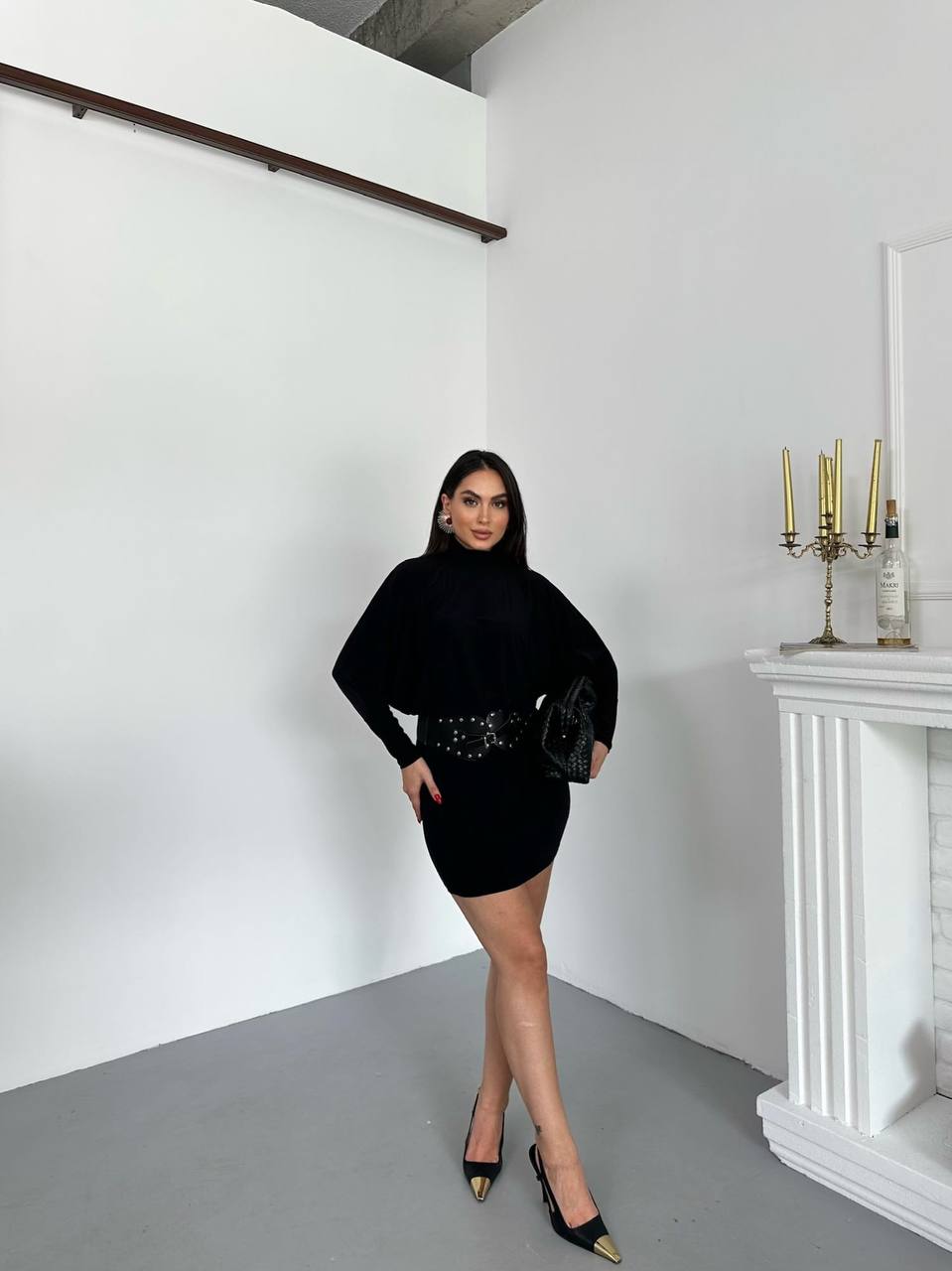 Kemerli Balon Kol Mini Elbise - Siyah