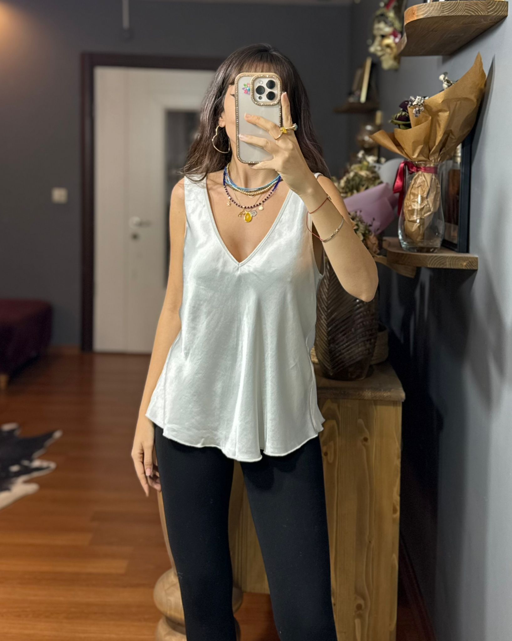 İthal İpek Saten Kalın Askılı Bluz gümüş - Görsel 4