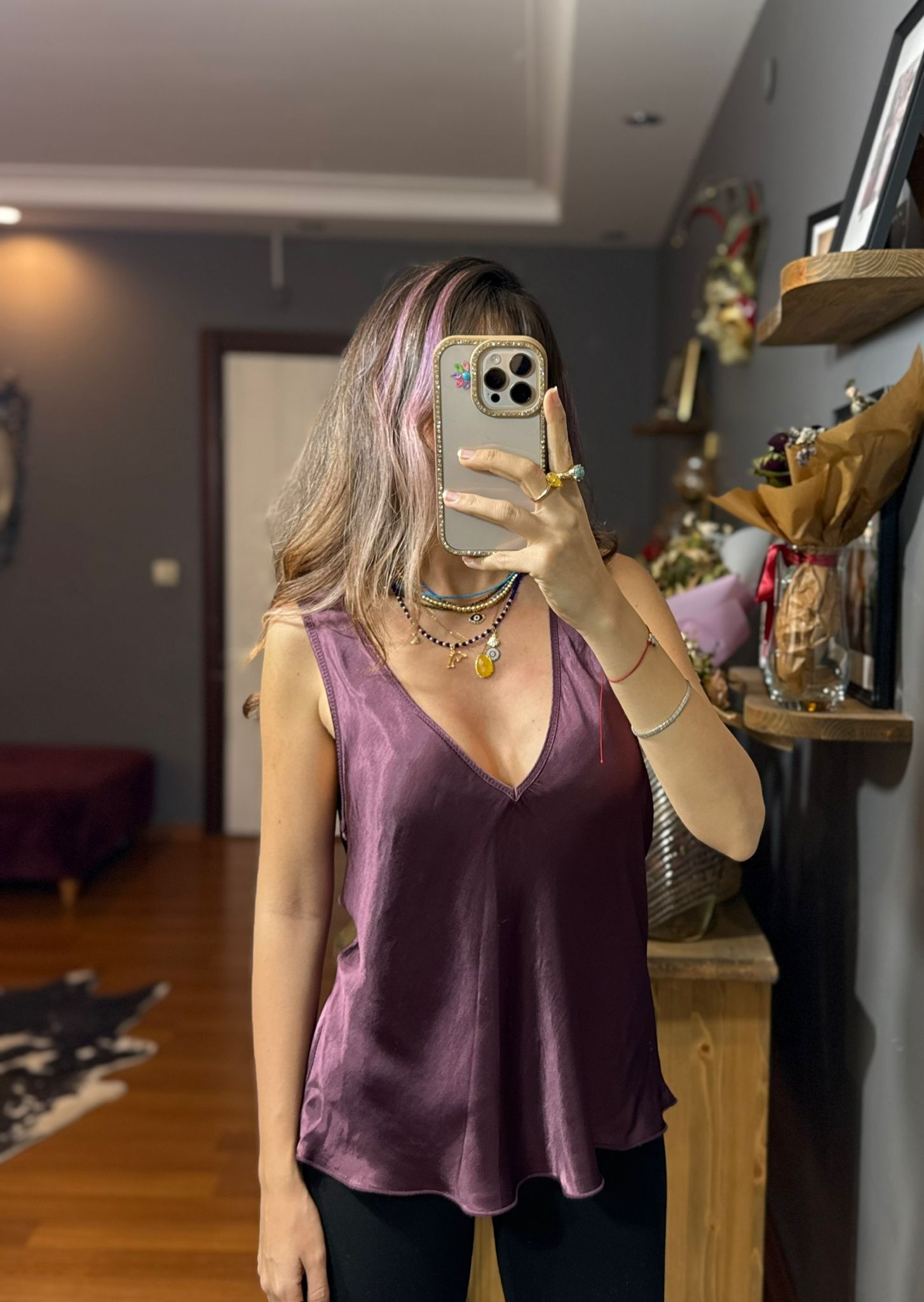 İthal İpek Saten Kalın Askılı Bluz bordo - Görsel 3