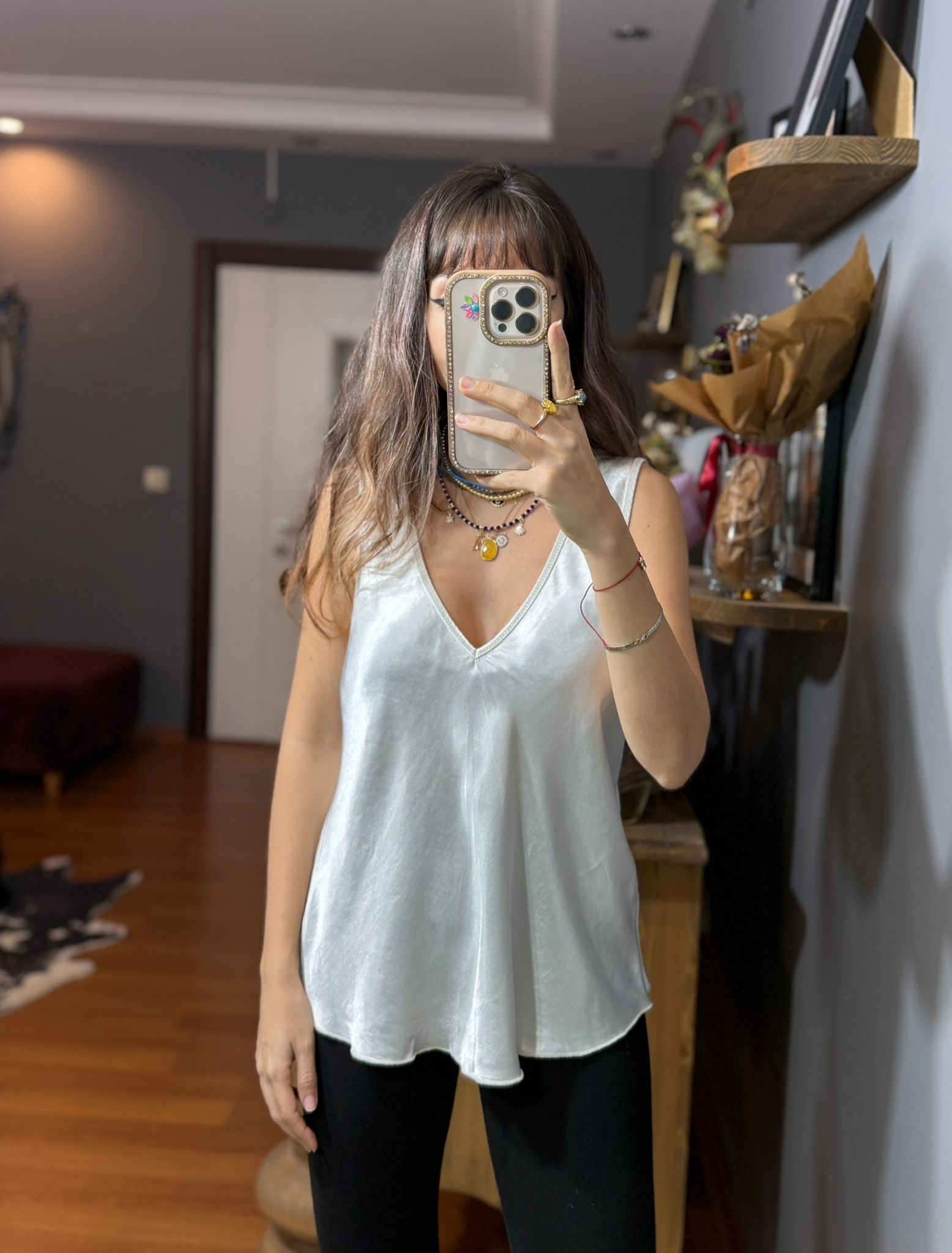 İthal İpek Saten Kalın Askılı Bluz gümüş