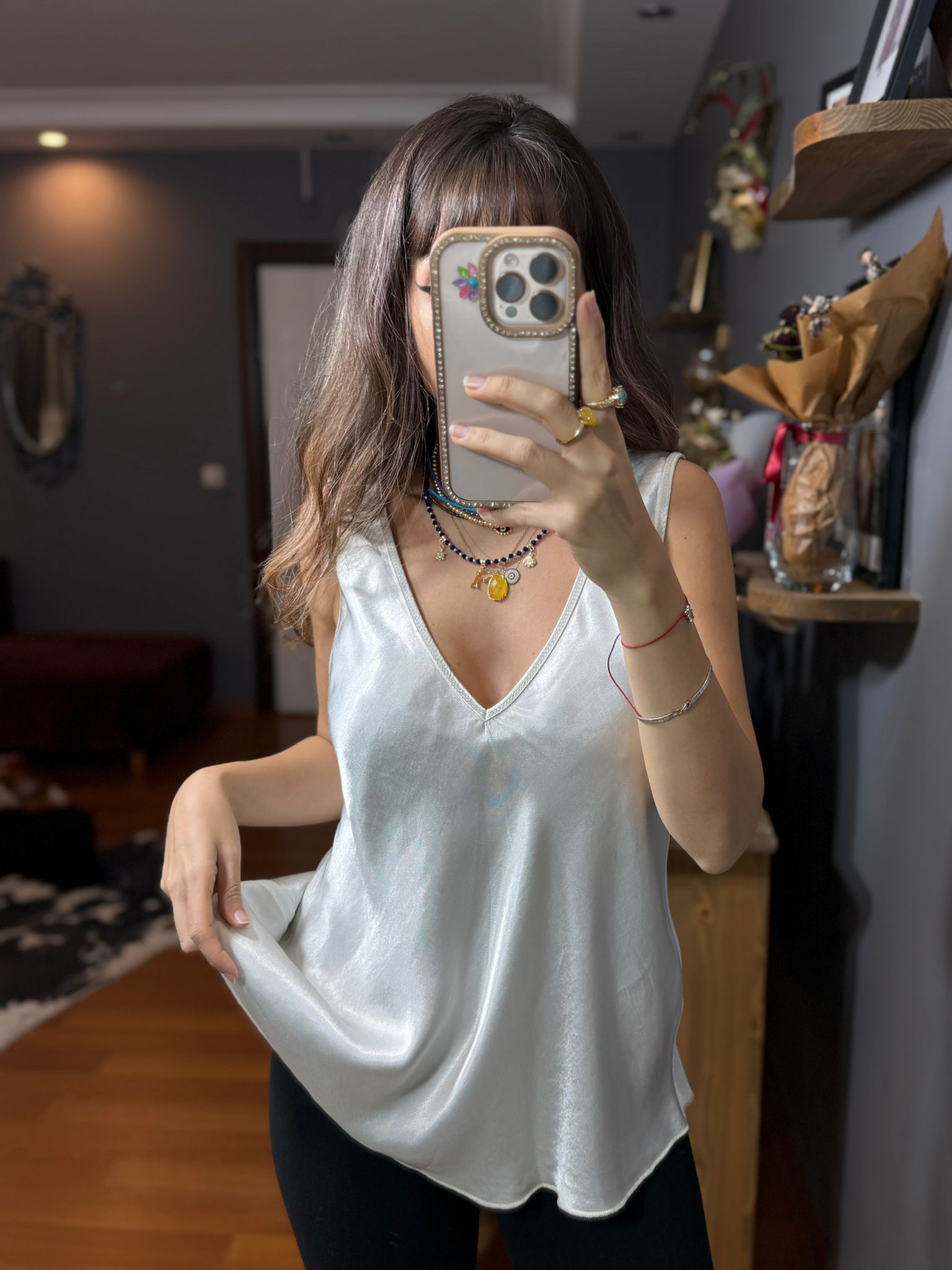 İthal İpek Saten Kalın Askılı Bluz gümüş - Görsel 5