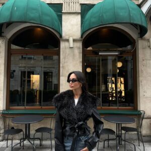 Tasarım Kürk Detaylı Kuşaklı Deri Ceket-siyah