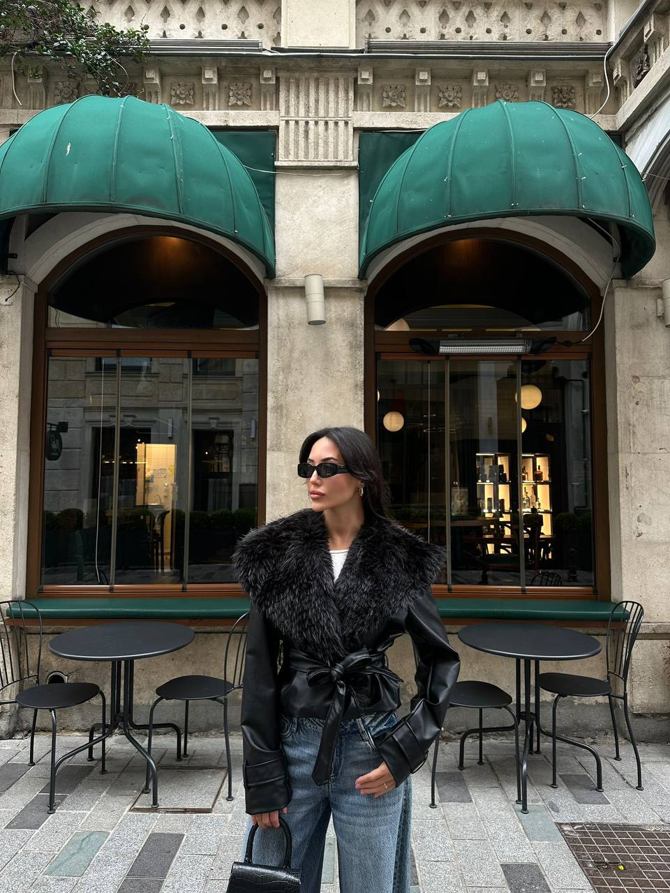 Tasarım Kürk Detaylı Kuşaklı Deri Ceket-siyah