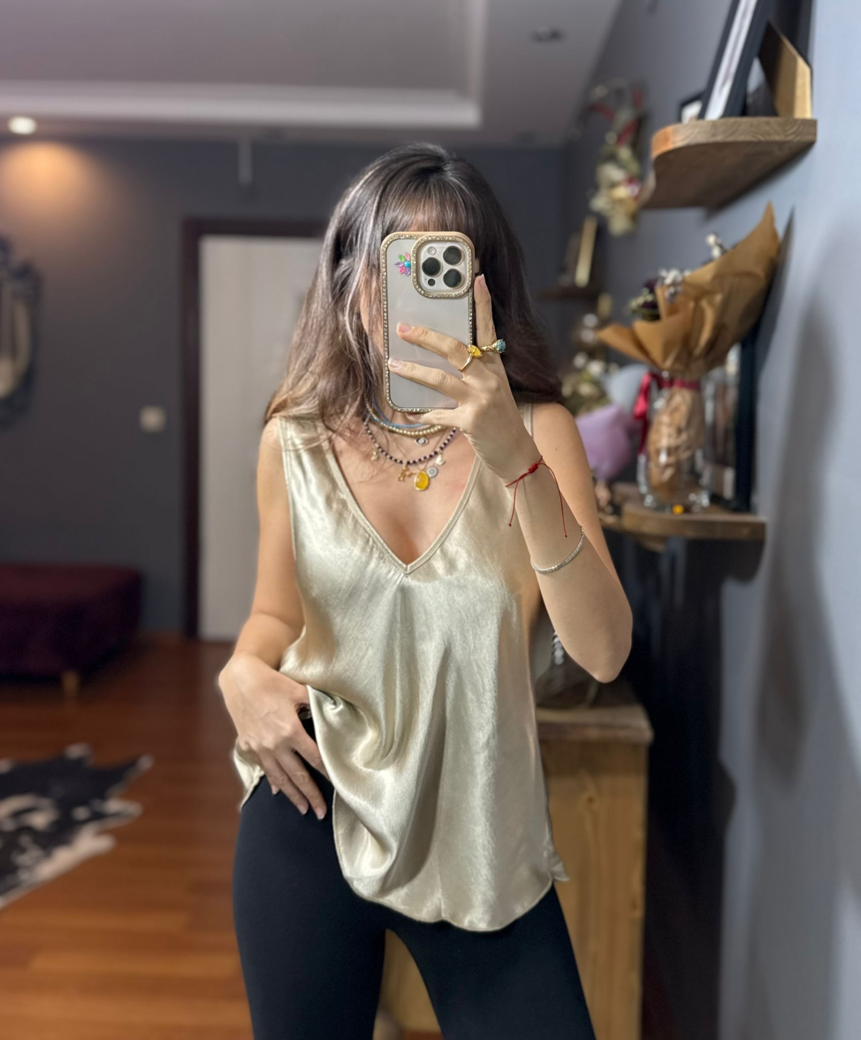 İthal İpek Saten Kalın Askılı Bluz gold - Görsel 3