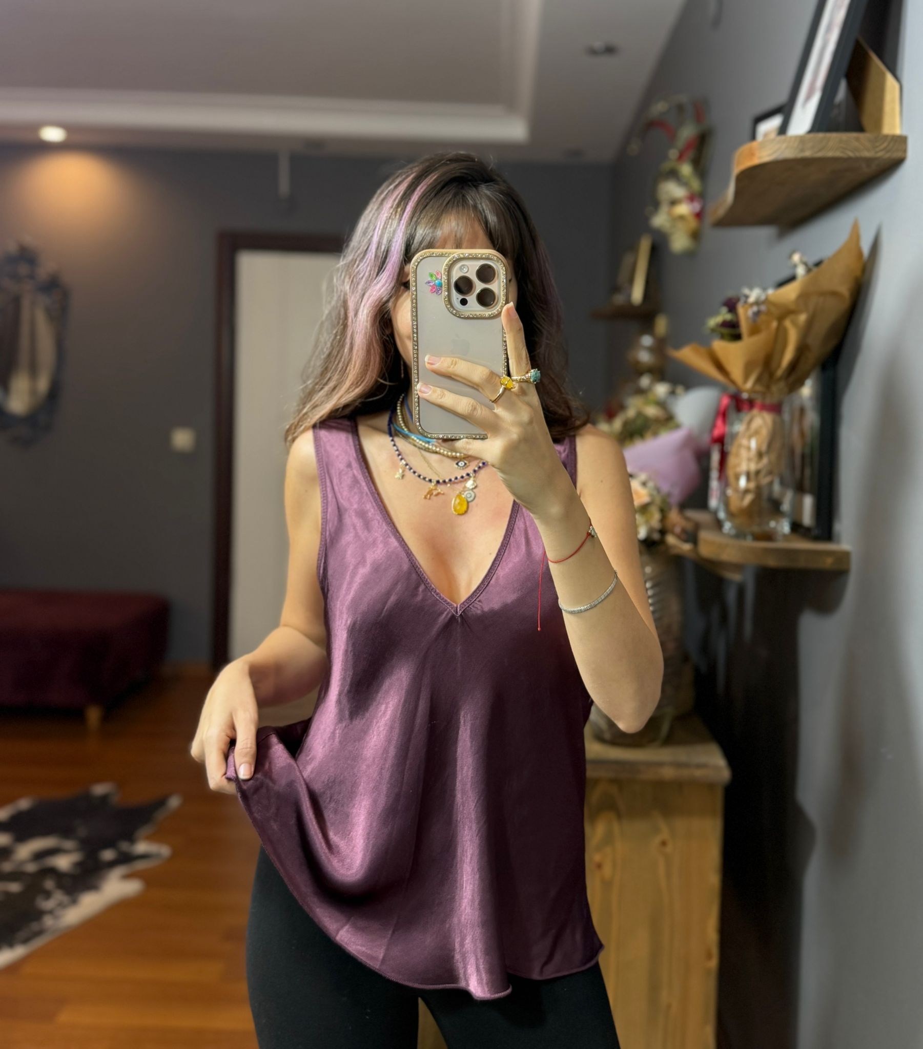 İthal İpek Saten Kalın Askılı Bluz bordo