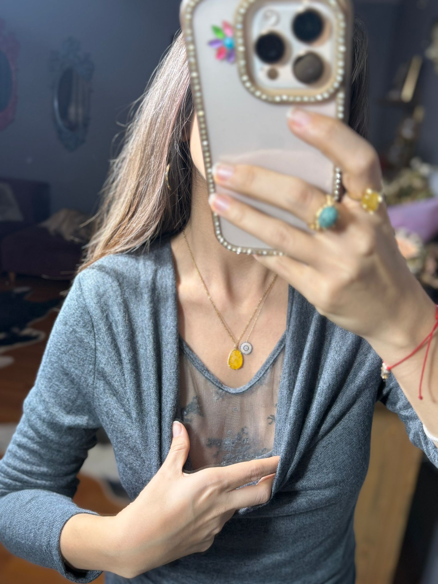 Kadın Dantel Astar Detaylı Degaje Yaka İthal Bluz-Gri - Görsel 5