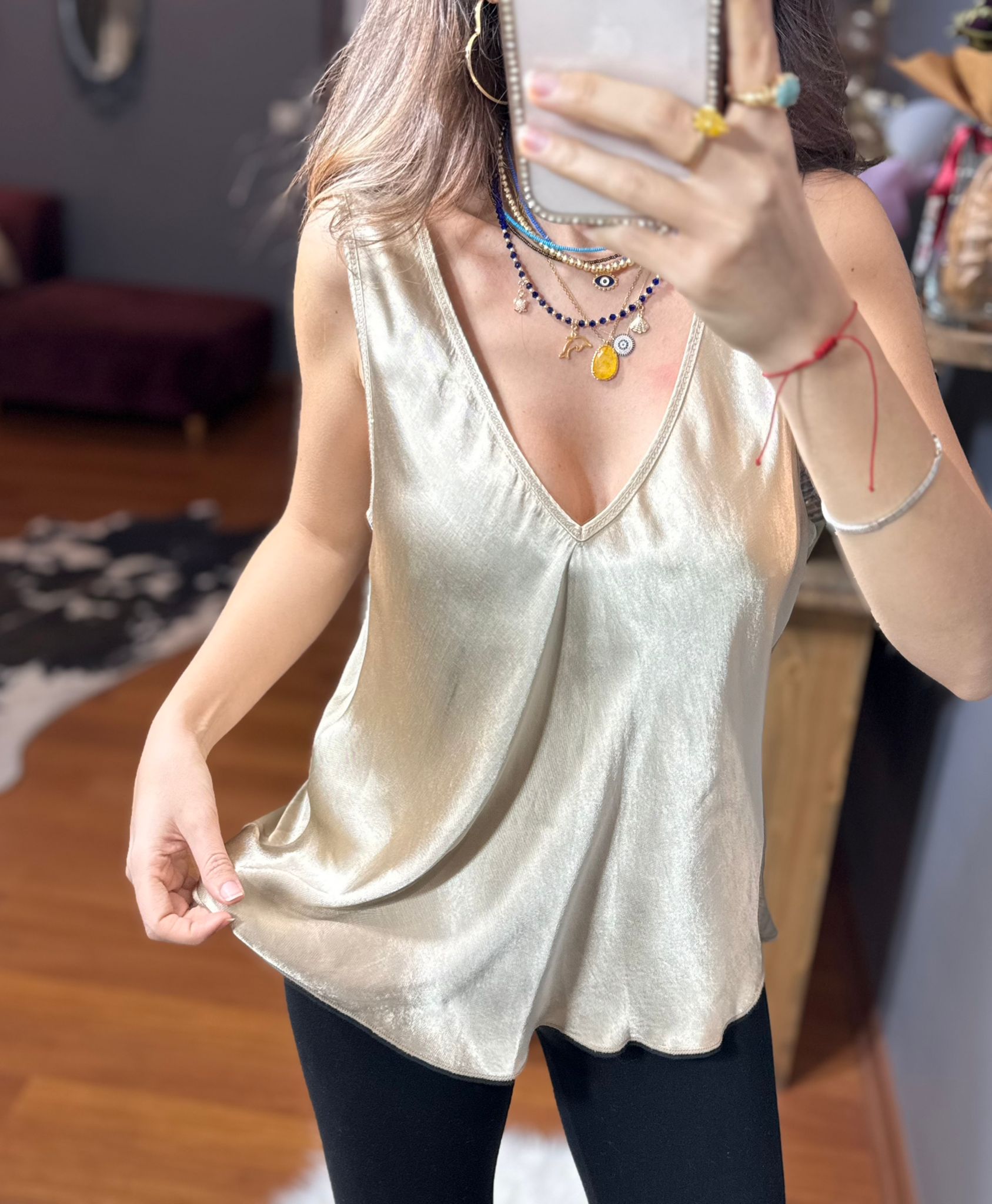 İthal İpek Saten Kalın Askılı Bluz gold - Görsel 5