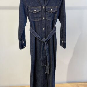 Kemerli Düğme Detaylı Denim Elbise-TAM KALIPTIR