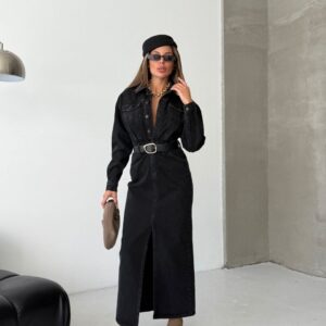 Önden Yırtmaçlı Maxi Boy Denim Elbise -siyah