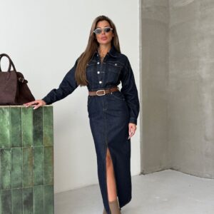 Önden Yırtmaçlı Maxi Boy Denim Elbise -koyu lacıvert