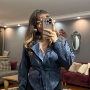 İçi Astarlı Lacivert Kuşaklı Süet Mont/Ceket