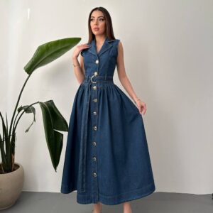 Düğme Detaylı Kemerli Maxi Boy Denim Elbise -Mavi